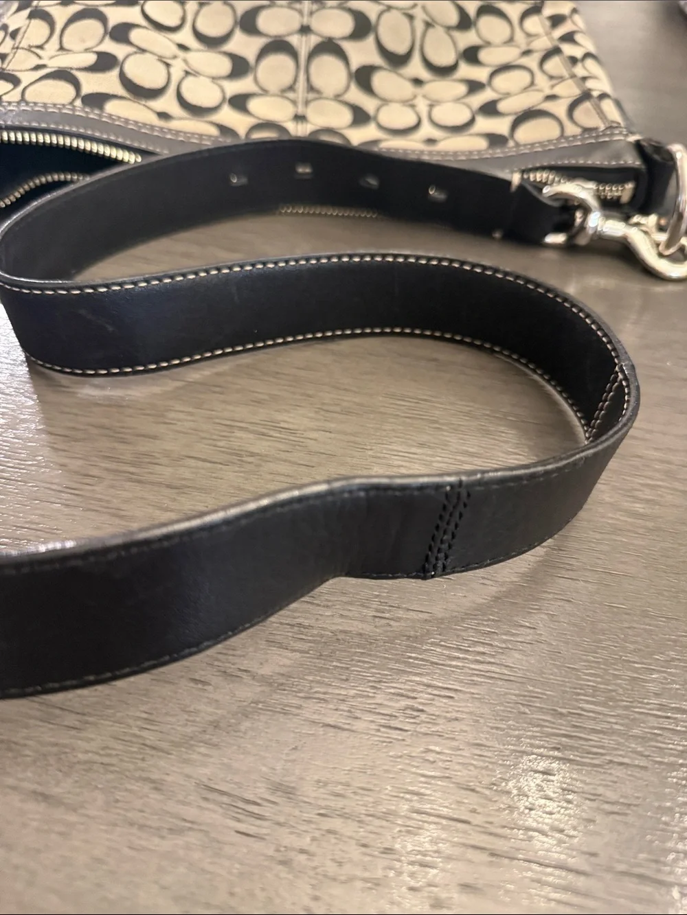 Coach Signature Jacquard Monogram Leather Trim Shoulder Bag Black Gray Medium